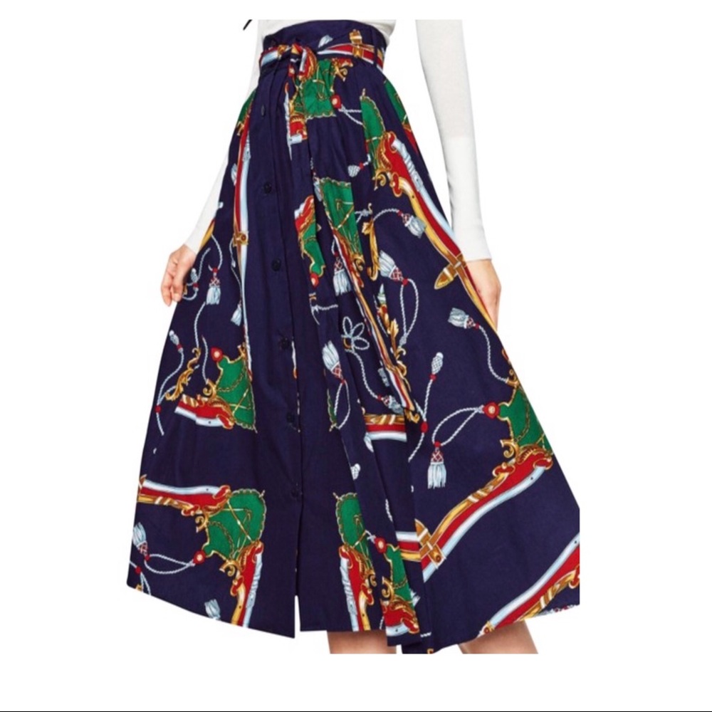 ZARA NAVY PRINTED NAUTICAL renaissance PRINT BOW PAPERBAG SKIRT